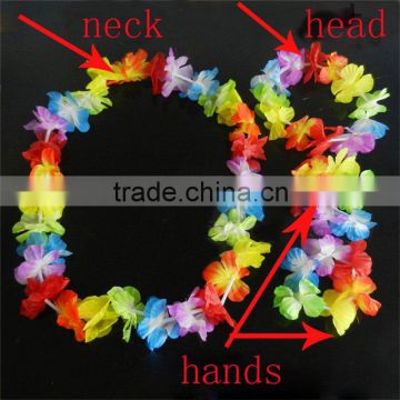 Hawaiian Leis Set Flower Garland Necklace + Headband + Bracelet Wristband Hula Party Lady Men Dance Fancy Dress Garland