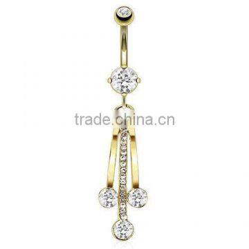 Gold Plated Crystal Waves Dangle Belly Bar Piercing