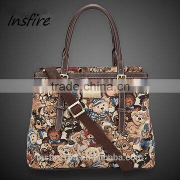 China wholesale cute canvas large capacity bear print tote bag for women