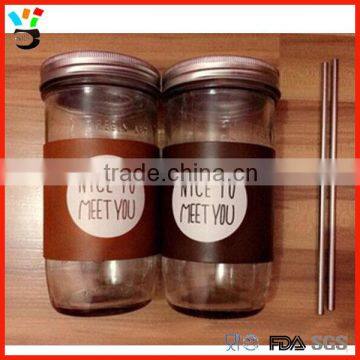 Large Size 650ml Custom Logo Insulated Sleeve Glass Mason Jar With Lid & Straw