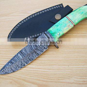 A CAMEL BONE HANDLE DAMASCUS STEEL HUNTING KNIFE