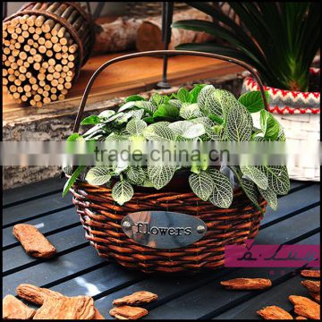 willow basket with metal plate and wood chip handle