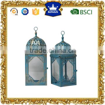 Wedding decoratives blue with golden brush moroccan metal candle lantern set of 2