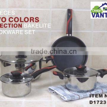 modern kitchen designs 7PCS stainless steel cookware set with two colors injection bakelite handle non-stick cookware