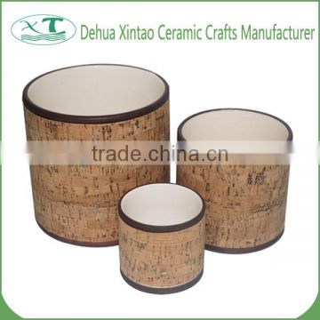 Home Garden Bamboo Weaving Pattern Three-piece Ceramic Plant Pots with Gold Powder