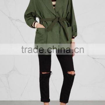 Wholesale Ladies Apparel Dropped Shoulders Army Green Cotton and Linen Blend Coat(DQE0359C) photo-3