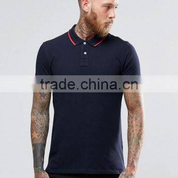 Short Sleeve Button Placket Collar Cuff Red Tip Design Men's 100% Cotton Breathable Pique 200g Casual Slim Navy Polo Shirt