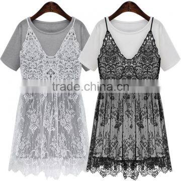 GZY 2015 Leisure Ladies Black Lace and White T-shirt Vestidos Casuales