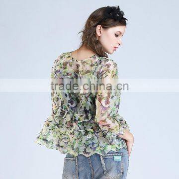 2015 HOYUGO Summer Organza Printed Sexy Blouses photo-2