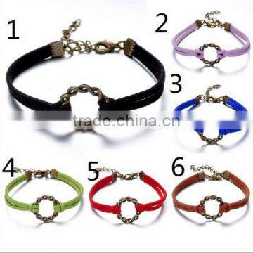 antique brass circle charm suede cord bracelets unique twist circle charms leather bracelets for couple gifts