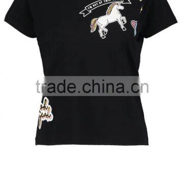 MGOO Hot Sale Low Cut Black T-shirts Fitness Screen Print Short Sleeve T-shirt For Women photo-5