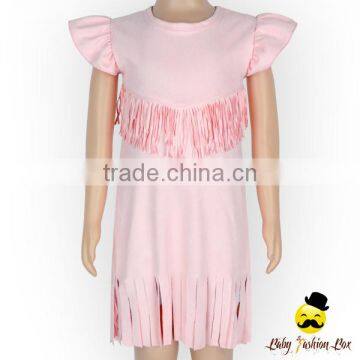 2017 Summer New Design Suede Plain Pink Fringe Cutting Flutter Sleeve Kids Modern Girls Dress photo-2