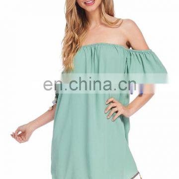 2017 New Fashionable Girl's Rayon Dyed Short Off Shoulder Dress With Designer Lace