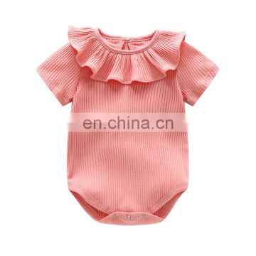 Short Sleeve Cotton Ruffled Neckline Baby Romper Clothes for Newborn Infant with Button Summer for Girl