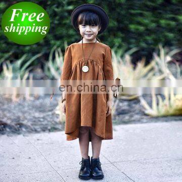 2019 summer bow sleeved Girls solid color Dresses kids coffee  princess ruffle dress