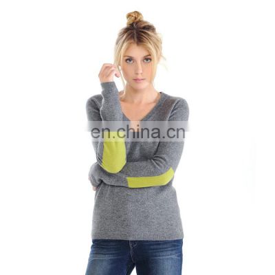 Cashmere V Neck Jumper Sweaters Women Elbow Patch Sweater Women