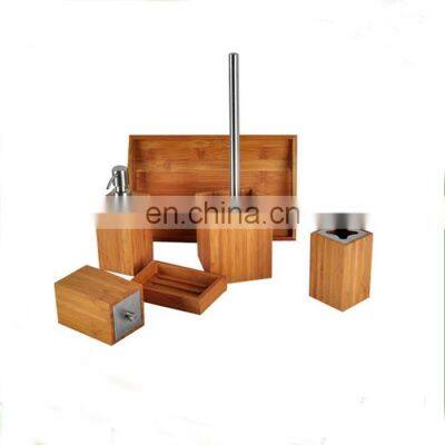 Простой круглый держатель для туалетной щетки и дозатор мыла из бамбука и нержавеющей стали, туалетные аксессуары, набор для ванной комнаты photo-2