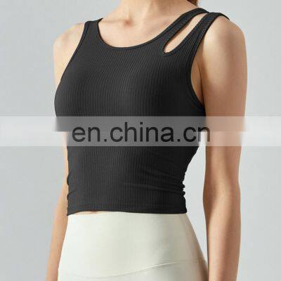 New Spring 2023 Ribbed Built In Bra Sports Crop Top Cotton Casual Sleeveless Tanks Top Hollow Out Gym Fitness Wear For Women
