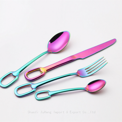 Set of 4 Pieces Rainbow Colored Stainless Steel Knife Fork Spoon Quality Tableware Cutlery Set With Hook Handle