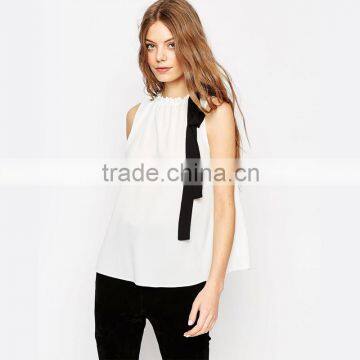 White colour women blouse 2016 neck designs for ladies tops with sleeveless