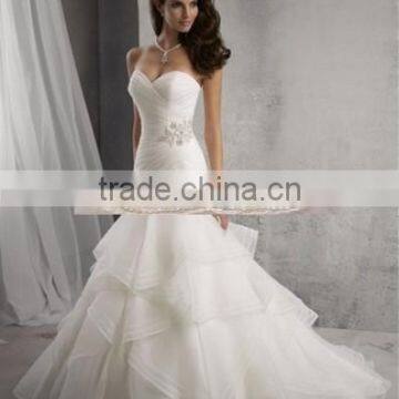 2015 New Arrival Satin Organza Applique Pleat Ruffles Crystal Beaded Mermaid Wedding Dress