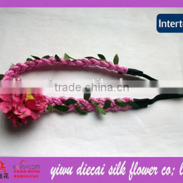 Fabric flower leaf garland metal wire string braid headband