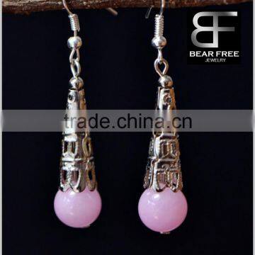 Cute Girls's Jewelry Vintage Silver Pink Stone Beads Drop Earrings for Girlfriends