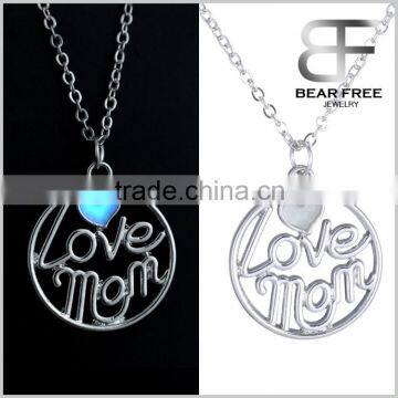 Silver-tone I Love Mom Glow in the Dark Heart Pendant Round Circle Necklace