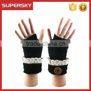 V-56 wholesale lace trim crochet knitting fingerless mitten gloves with button knitting arm warmers