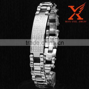 Mens Stainless Steel Silver Wide ID Bracelet Lab CNC Zircon photo-2