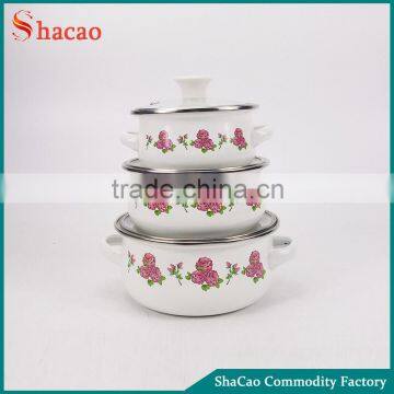 3Pcs Decal Printing Pink Rose Enamel Casserole Set Flowers