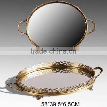 Retro Mirror Design Brass Hexagon Tray, Hand Engraved Bronze Serving Tea Tray With Handle, Luxury Home Decorative Tableware photo-5