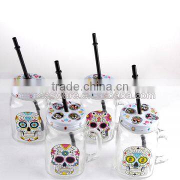16oz Halloween White Smile Skull Decal Glass Mason Jar Drinking Water Glass Cup photo-2