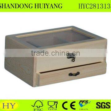 FSC customize wood tea box with drawer and glass window