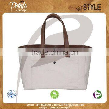 12 OZ Natural Canvas Tote Bag With Lining & With PU Handle & With Magnet Button Closure With Inside Zip Pocket photo-3