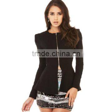 Ladies fashion Slim Fitted Zipper Placket Long Bubble Sleeve Thin Coat