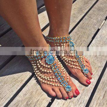 Gold blue crystal pearl Anklets toe ring barefoot sandal PAYAL