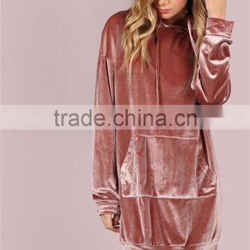 MGOO Oversized Women Longline Pollover With Side Pockets Shiny Drawstring Velvet Hoodie Dress Pink photo-3