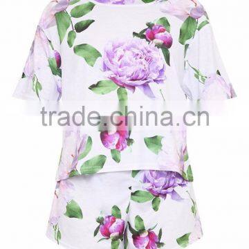 Custom Print Women Floral Print Grey Full Printing Flowers Ladies Pyjama Set Digital Printed Pajama Set photo-4