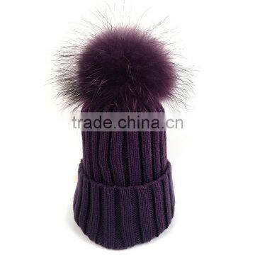 Myfur Women Ribbed Wool Blend Knitting Beanie Hat Real Raccoon Fur Ball Winter Cap