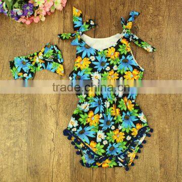 Pompom Strap Sleeveless Romper Top Set Floral Hair Band Clothes Outfit