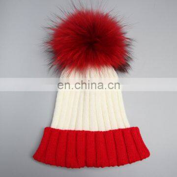 Double color girl matching color fur pompom ribbed beanies for women