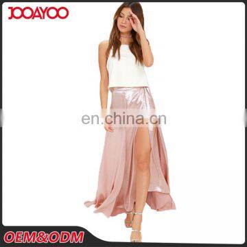 2016 Fashion Design Custom Casual Pink High Waist Skirts Latest Stain Ladies Maxi Long Skirt