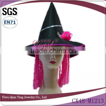 Halloween girls witch hat with curly pink hair wig attached