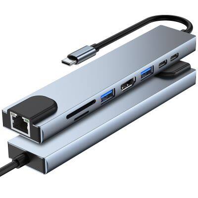 USB 8-in-1 docking station, fast charging hub adapter type C 4K RJ45, USB 3.0  docking station