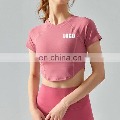 Blank Custom Breathable Built In Bra Fixed Pads Sports Fitness Gym Compression Yoga Crop Top Women Workout Active Wear T Shirt