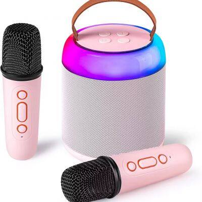 Portable Mini Karaoke Machine 2 Microphones RGB LED Battery-Powered Wireless Speaker Kids Home Party Outdoor KTV Made Plastic