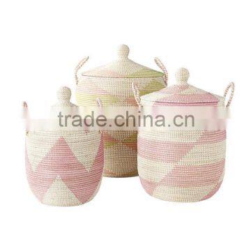 High quality best selling eco-friendly Set of 3 Handwoven seagrass basket with handles-pink & natural color from Vietnam