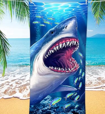 Shark Beach Towel, Cool Ocean Fishes Microfiber Bath Towel