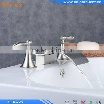 Nickel Brushed Finish Two Handles Three Holes Bathroom Waterfall Basin Mixer Vessel Faucet Tap Contemporary Waterfall Brass Quality Choice photo-3